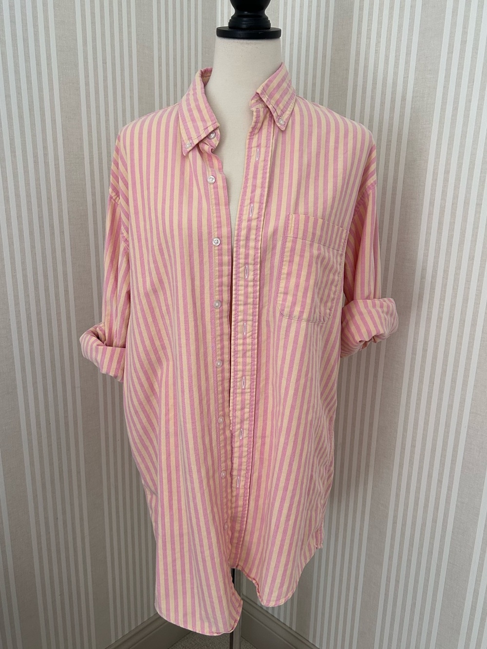Vintage LL Bean Rare Lemonade Pink/Yellow Striped Button Down USA Size Medium T